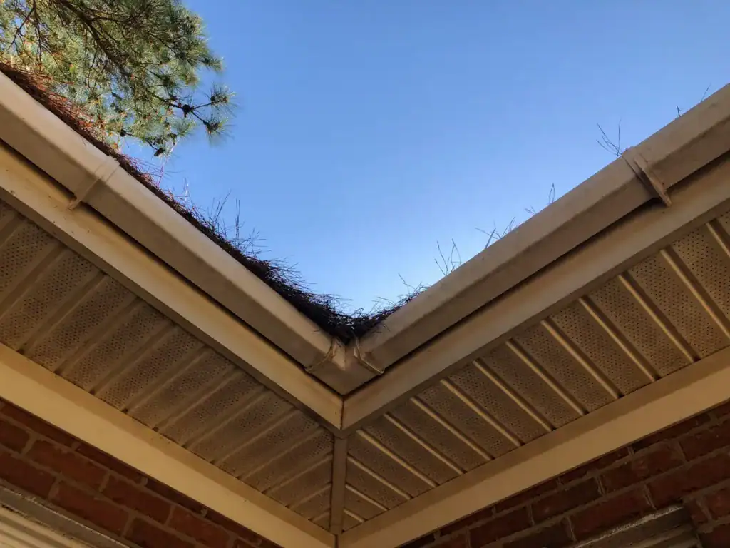 Gutter cleaning on a residential house with clear blue sky background.