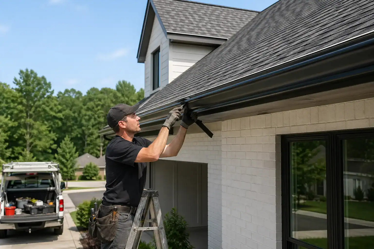 Owens Exterior Services technician installing a new gutter system on a home in Greenwood, SC