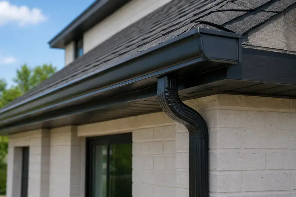 Gutter system installed on a contemporary house with black gutters and downspouts.